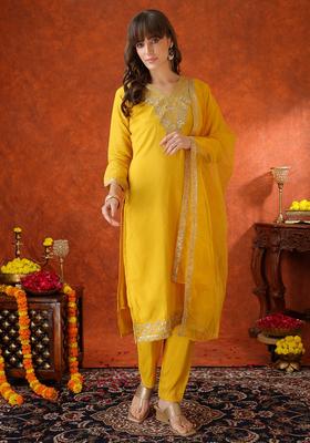 Yellow Embroidery Chanderi Kurta Set
