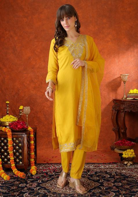 Yellow Embroidery Chanderi Kurta Set