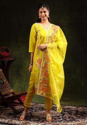 Yellow Embroidery Chanderi Kurta Set