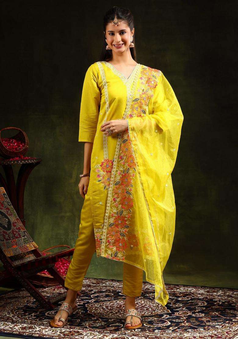 Yellow Embroidered Chanderi Straight Kurta Set - Indya