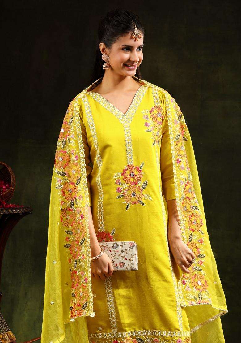 Yellow Embroidered Chanderi Straight Kurta Set - Indya