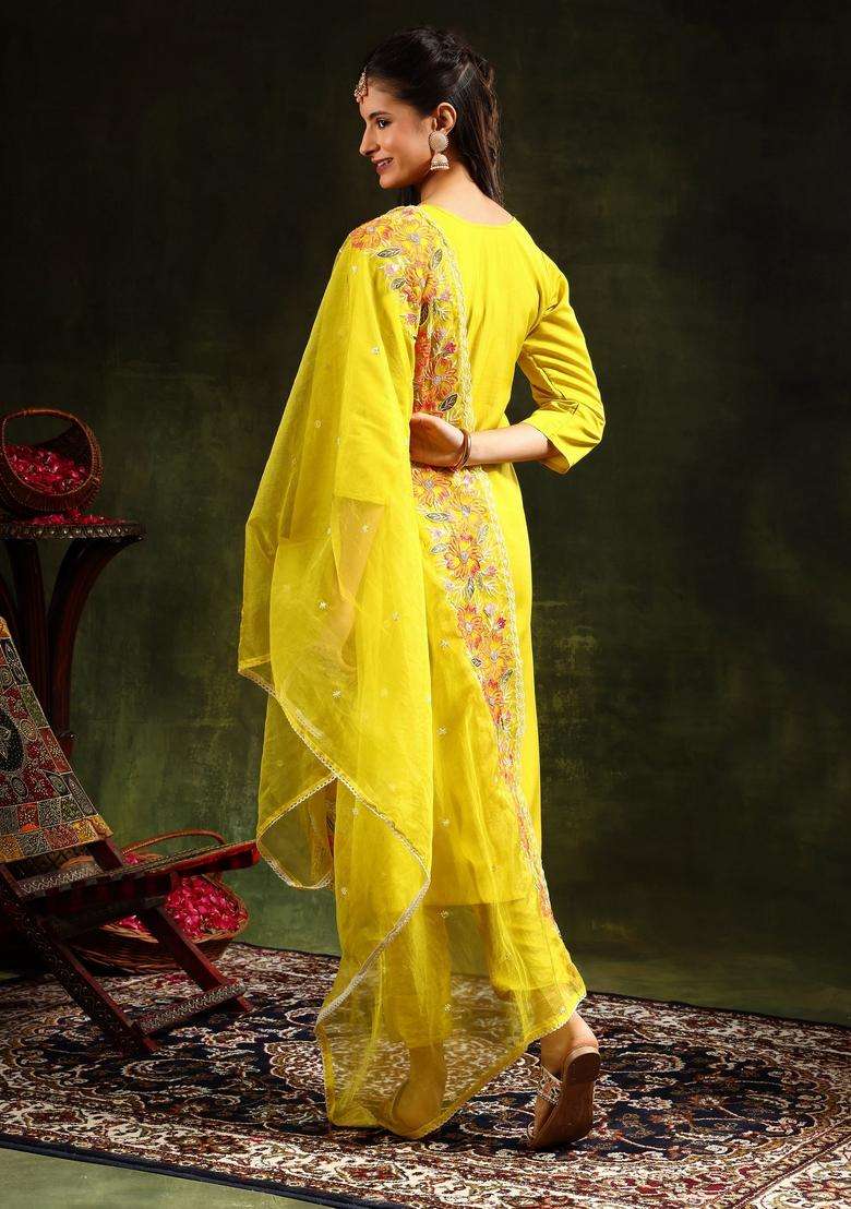 Yellow Embroidered Chanderi Straight Kurta Set - Indya