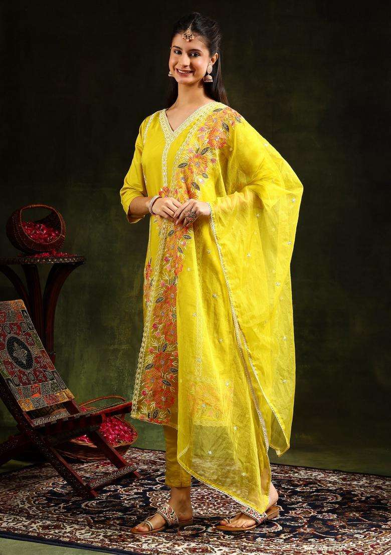 Yellow Embroidered Chanderi Straight Kurta Set - Indya