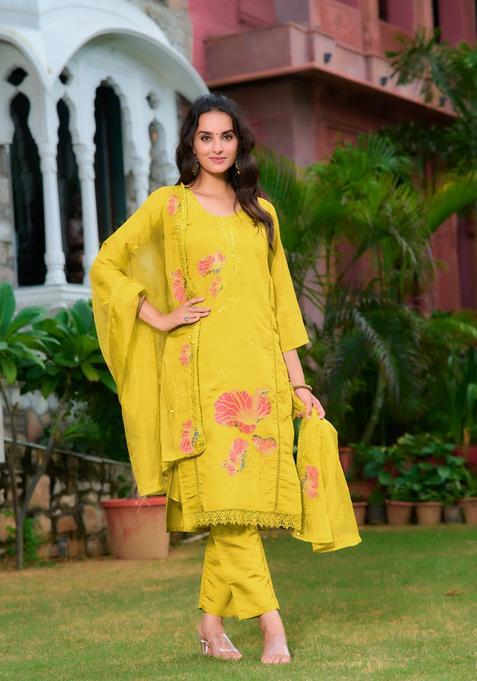 Yellow Embroidery Chanderi Kurta Set