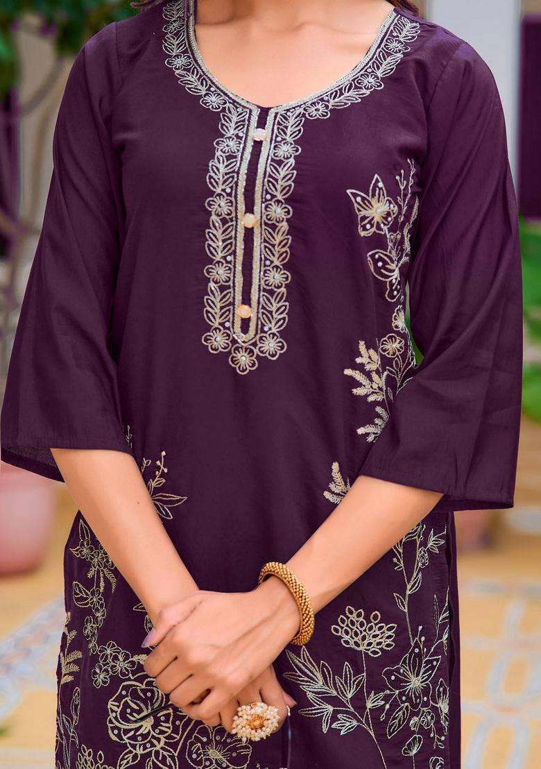 Wine Embroidered Chanderi Straight Kurta Set - Indya