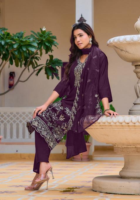 Wine Embroidery Chanderi Kurta Set