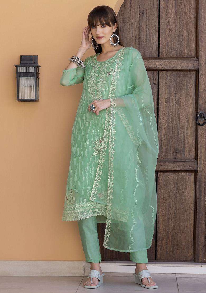 Green Embroidered Organza Straight Kurta Set - Indya