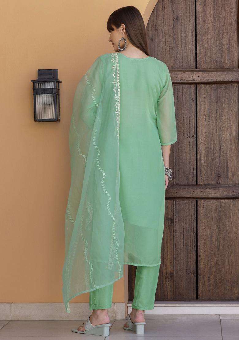 Green Embroidered Organza Straight Kurta Set - Indya