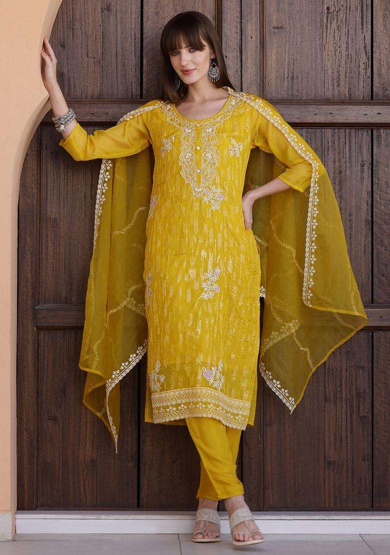 Yellow Embroidered Organza Straight Kurta Set - Indya