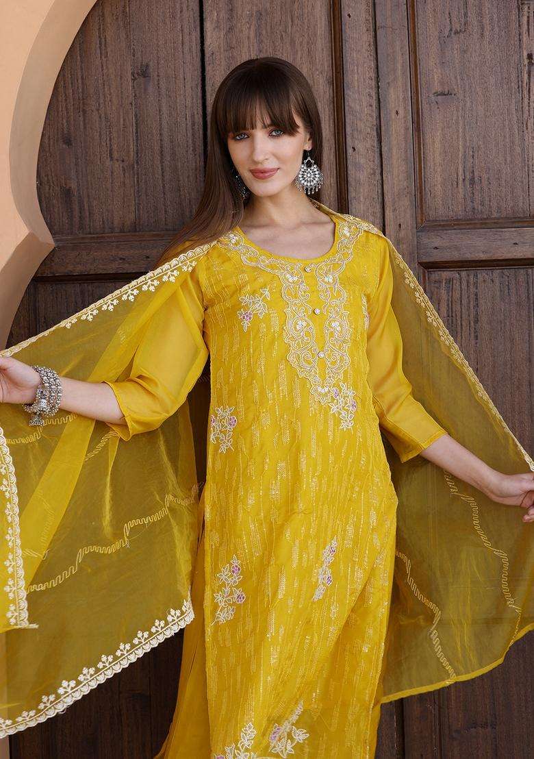 Yellow Embroidered Organza Straight Kurta Set - Indya