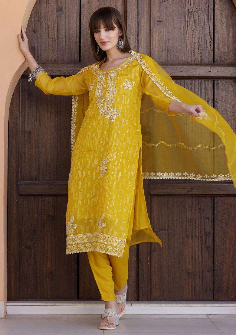 Yellow Embroidered Organza Straight Kurta Set - Indya