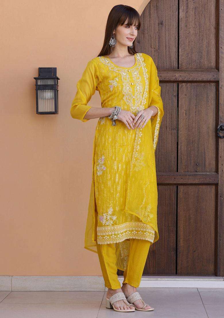 Yellow Embroidered Organza Straight Kurta Set - Indya