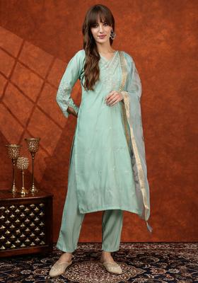 Green Embroidery Chanderi Kurta Set
