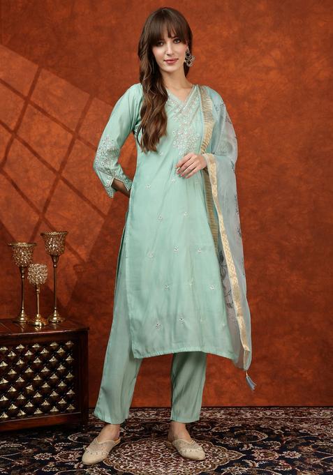 Green Embroidery Chanderi Kurta Set