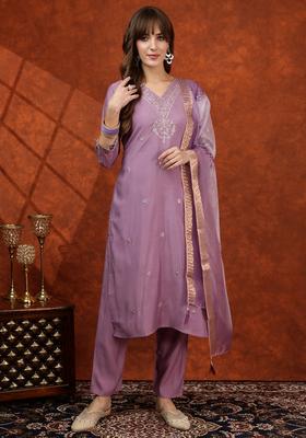 Lavender Embroidery Chanderi Kurta Set