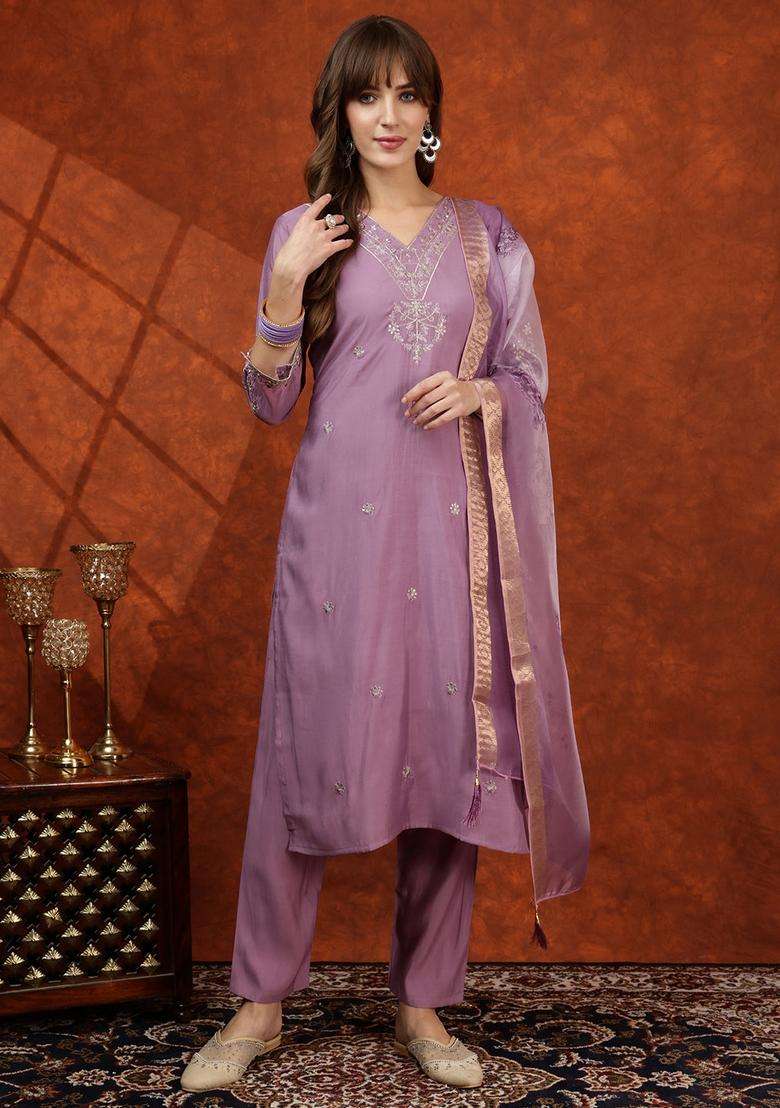 Lavender Embroidered Chanderi Straight Kurta Set - Indya
