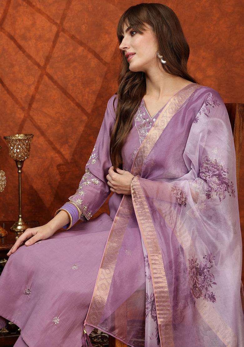 Lavender Embroidered Chanderi Straight Kurta Set - Indya