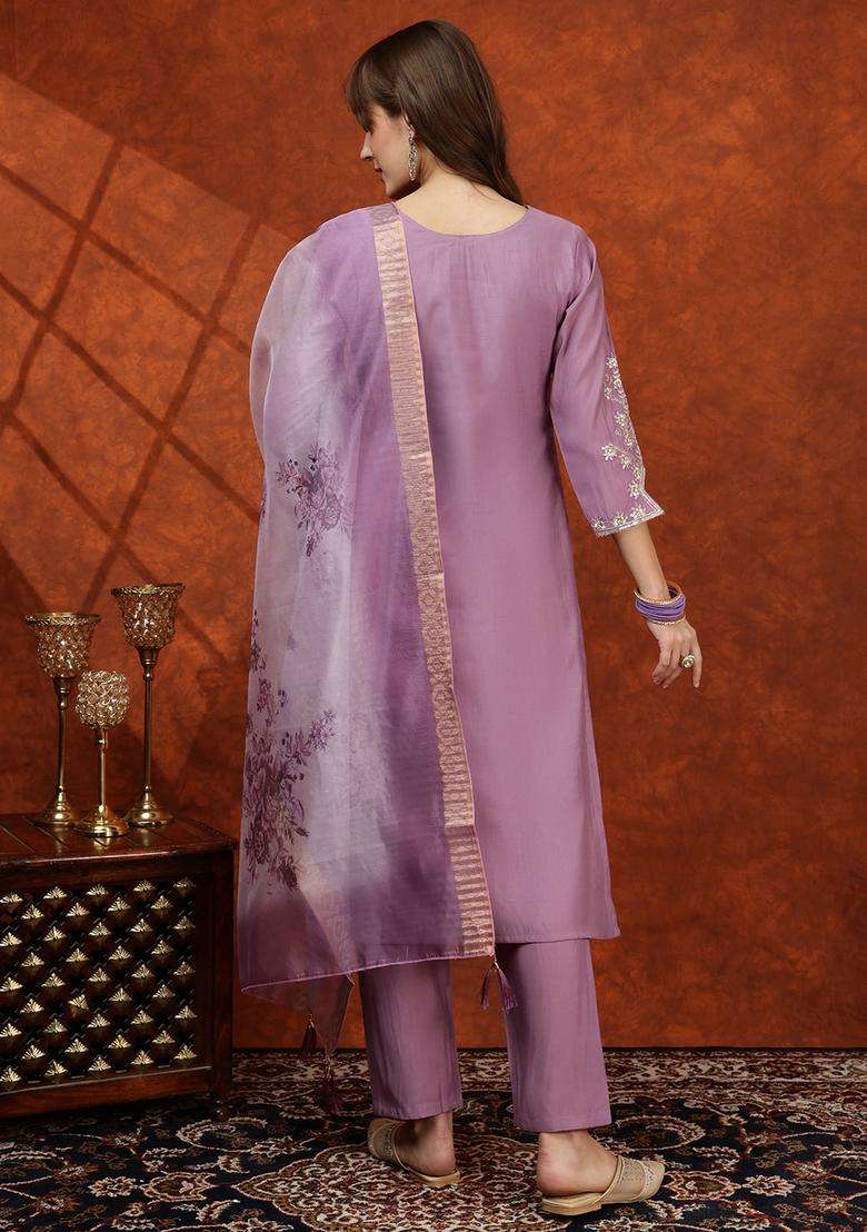Lavender Embroidered Chanderi Straight Kurta Set - Indya