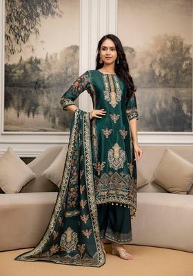 Teal Embroidery Silk Kurta Set