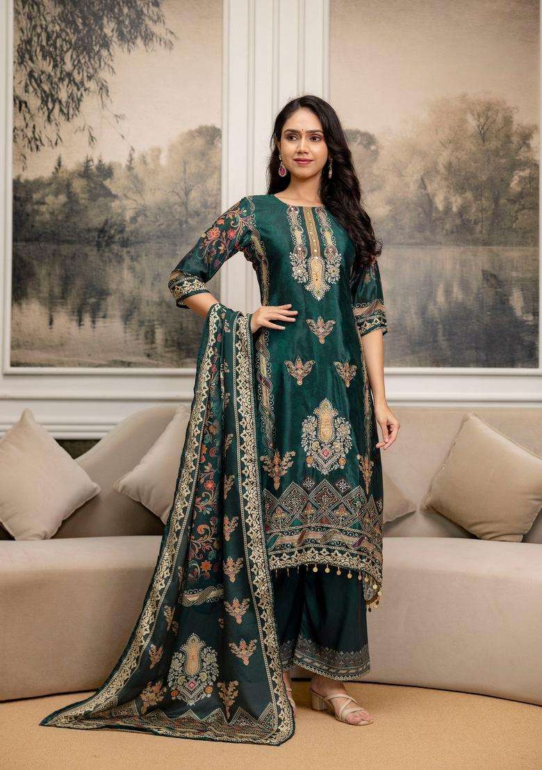 Teal Printed Silk A Line Kurta Set - Indya