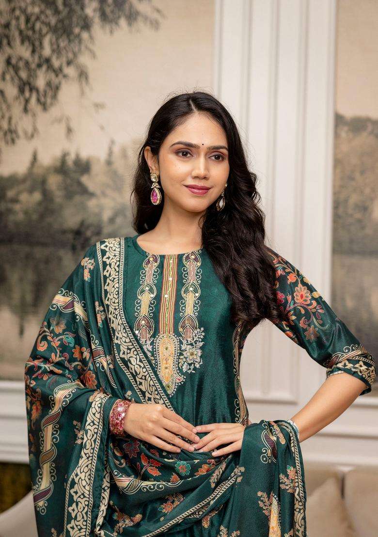 Teal Printed Silk A Line Kurta Set - Indya
