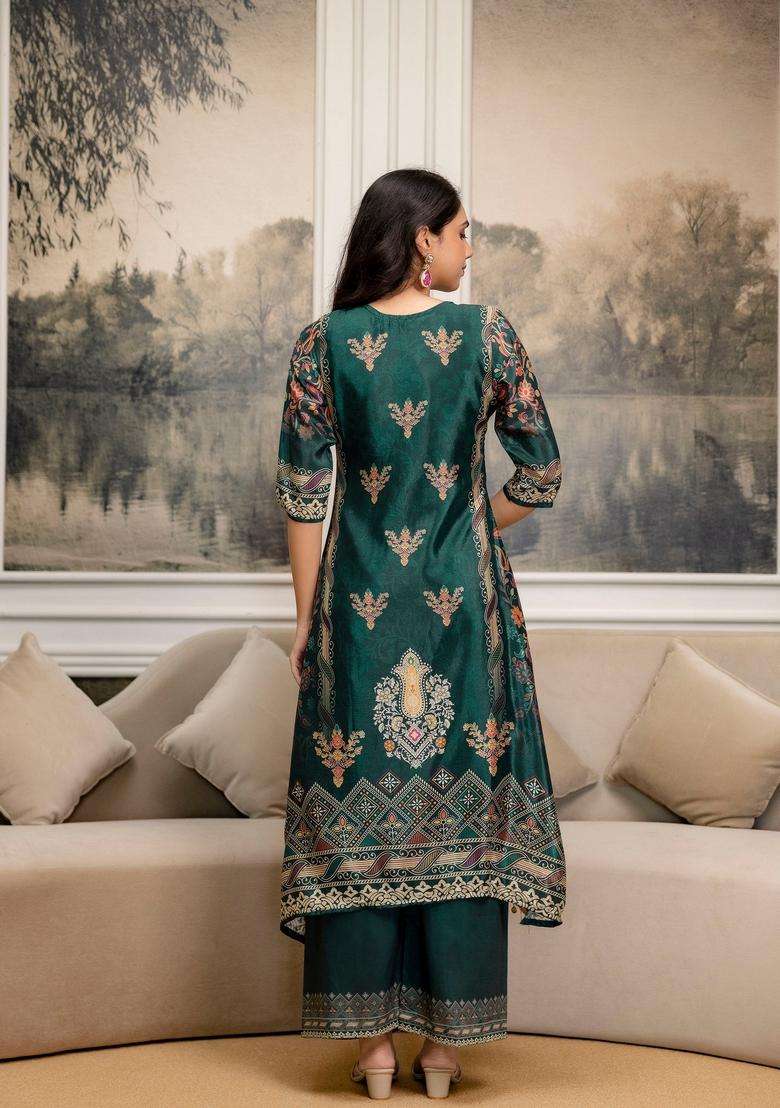 Teal Printed Silk A Line Kurta Set - Indya