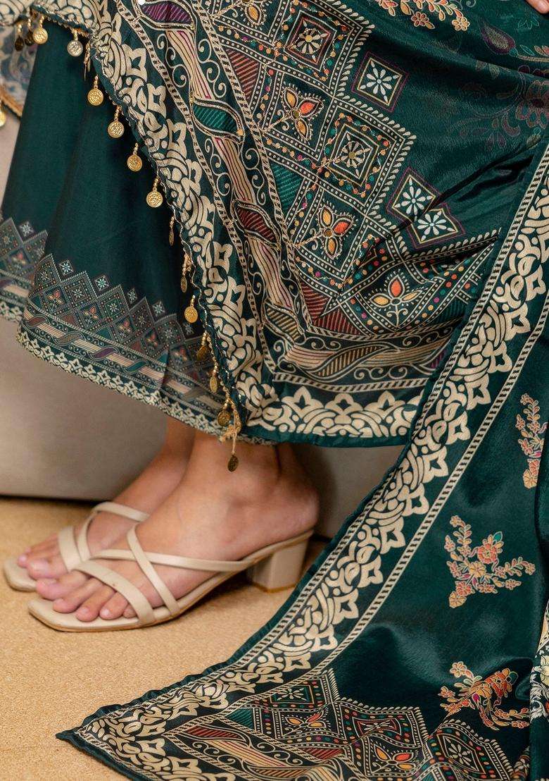 Teal Printed Silk A Line Kurta Set - Indya