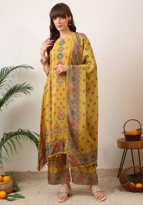 Mustard Printed Silk A Line Kurta Set