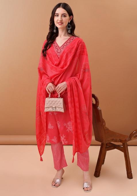 Pink Embroidery Cotton Kurta Set