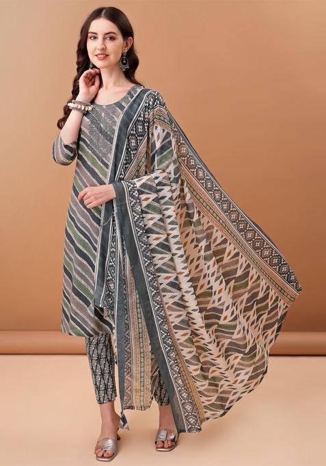 Grey Embroidery Cotton Kurta Set