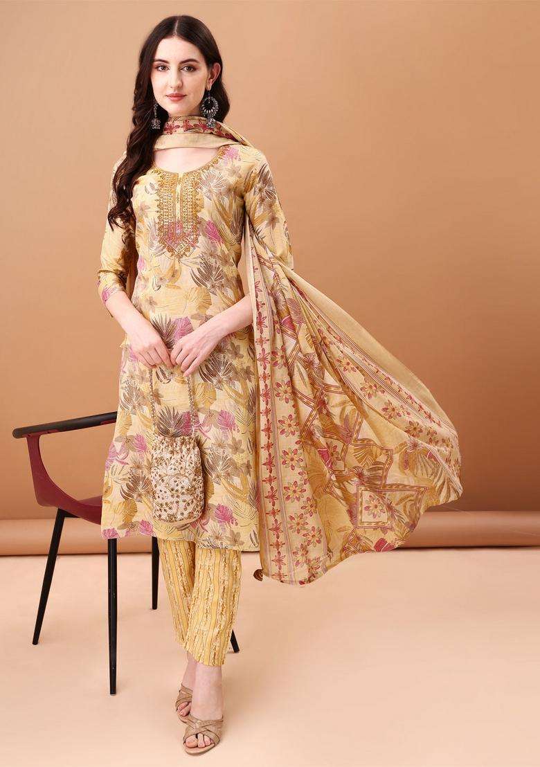 Yellow Embroidered Cotton Straight Kurta Set - Indya