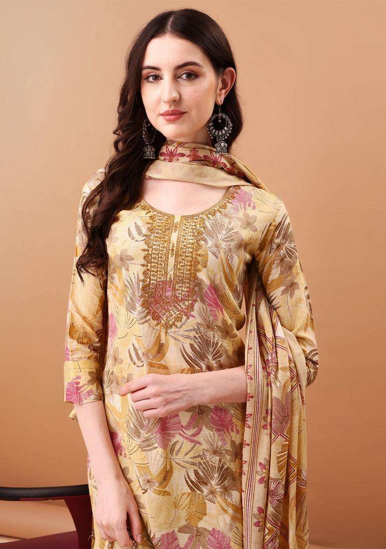 Yellow Embroidered Cotton Straight Kurta Set - Indya
