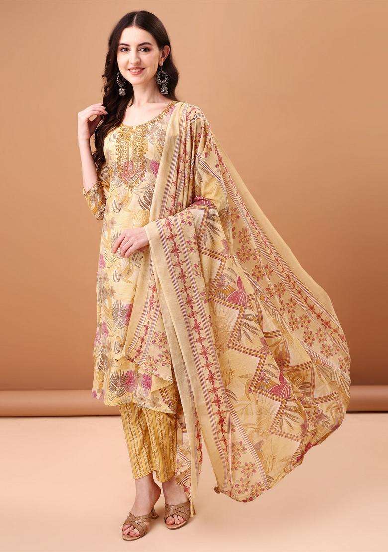 Yellow Embroidered Cotton Straight Kurta Set - Indya