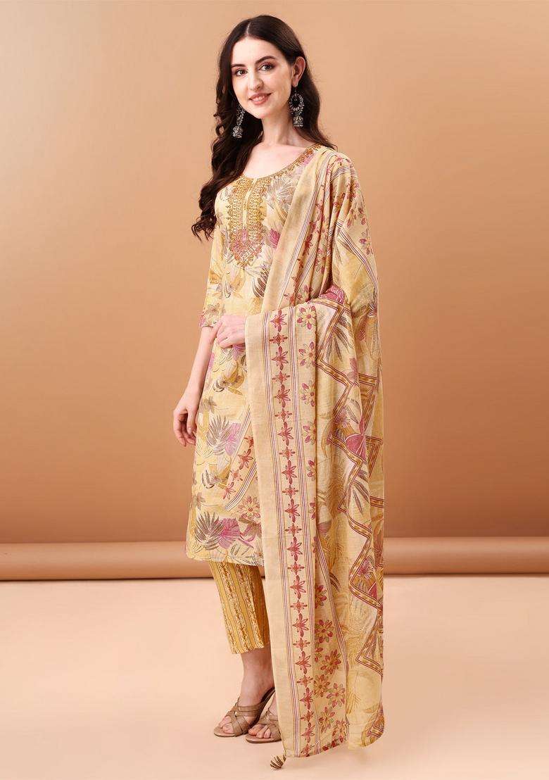 Yellow Embroidered Cotton Straight Kurta Set - Indya