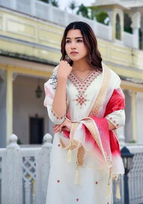 White Embroidery Chanderi Kurta Set