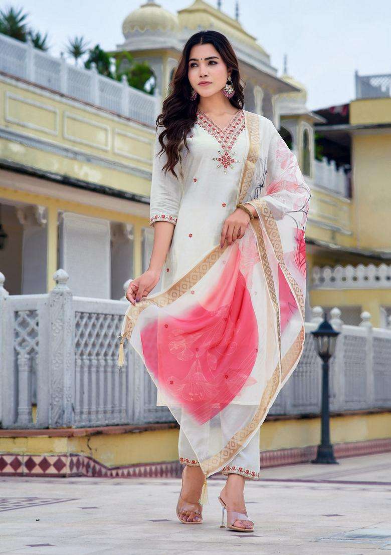 White Embroidered Chanderi Straight Kurta Set - Indya