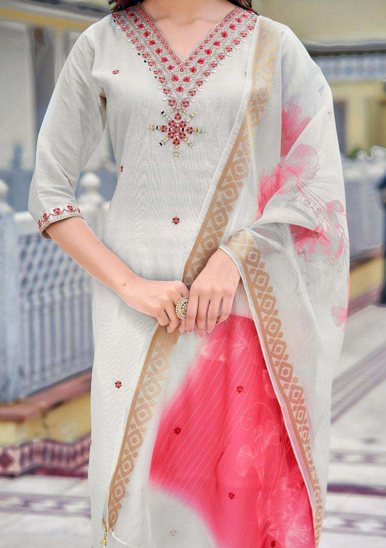 White Embroidered Chanderi Straight Kurta Set - Indya