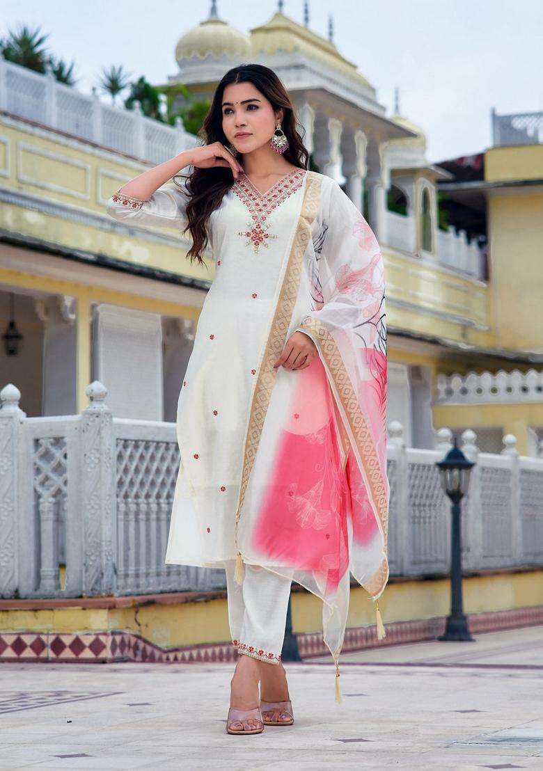 White Embroidered Chanderi Straight Kurta Set - Indya