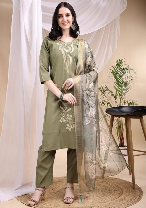 Olive Embroidery Chanderi Kurta Set