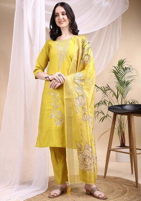 Yellow Embroidery Chanderi Kurta Set