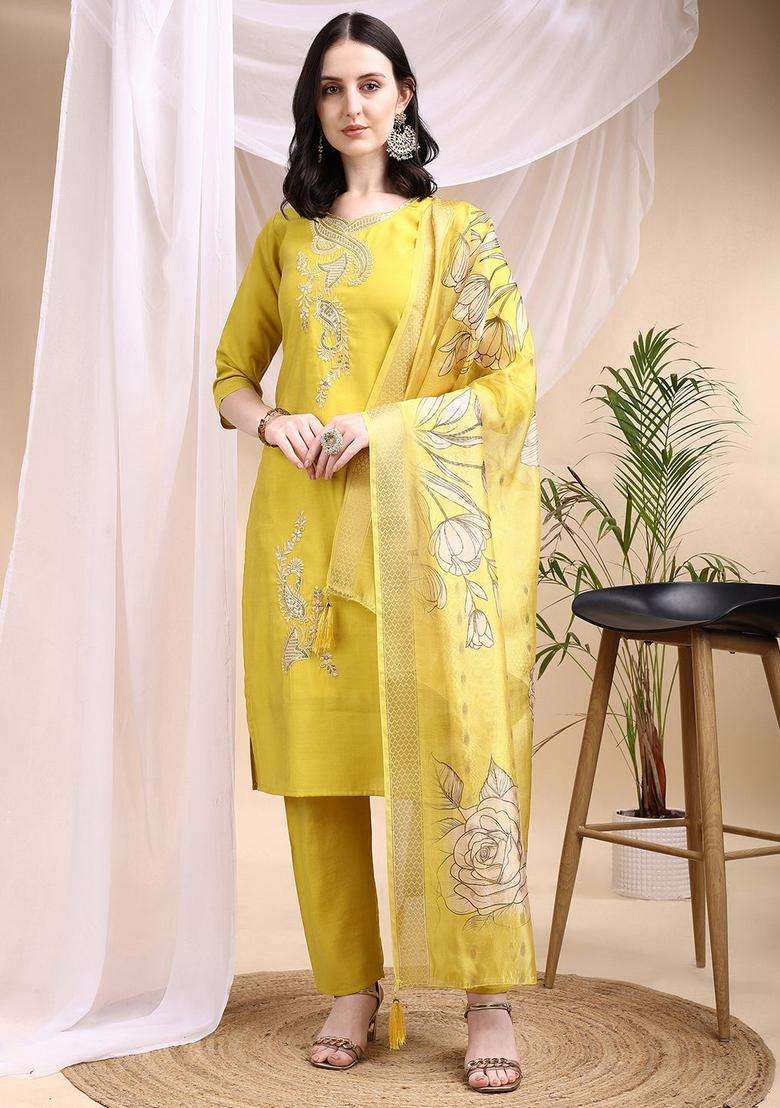 Yellow Embroidered Chanderi Straight Kurta Set - Indya