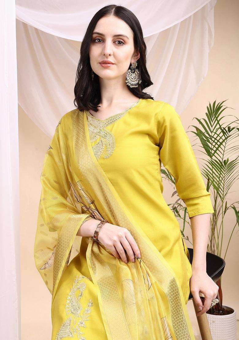 Yellow Embroidered Chanderi Straight Kurta Set - Indya