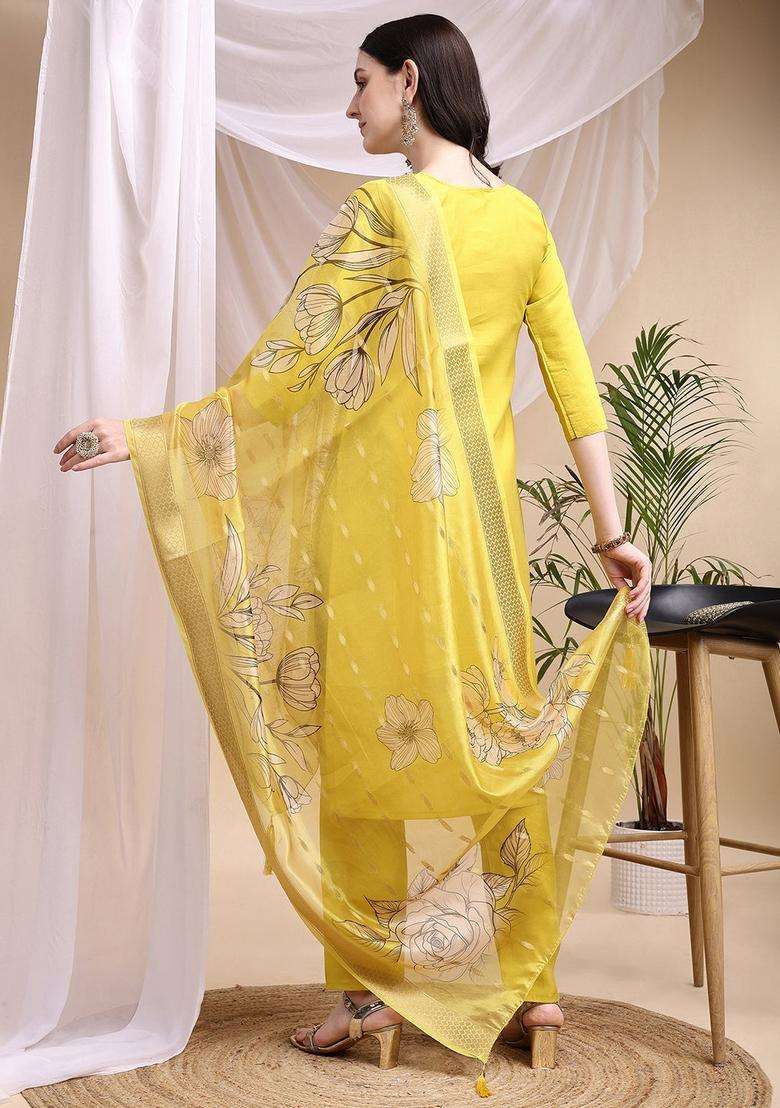 Yellow Embroidered Chanderi Straight Kurta Set - Indya