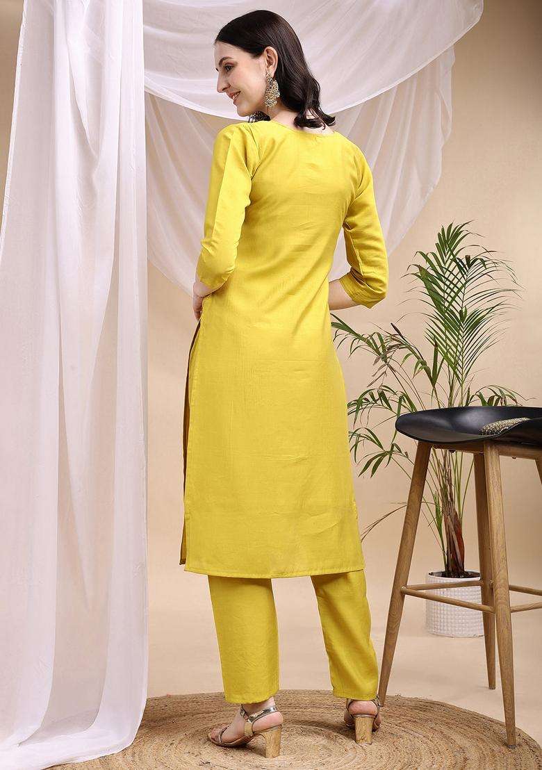 Yellow Embroidered Chanderi Straight Kurta Set - Indya