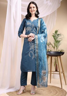 Blue Embroidery Chanderi Kurta Set