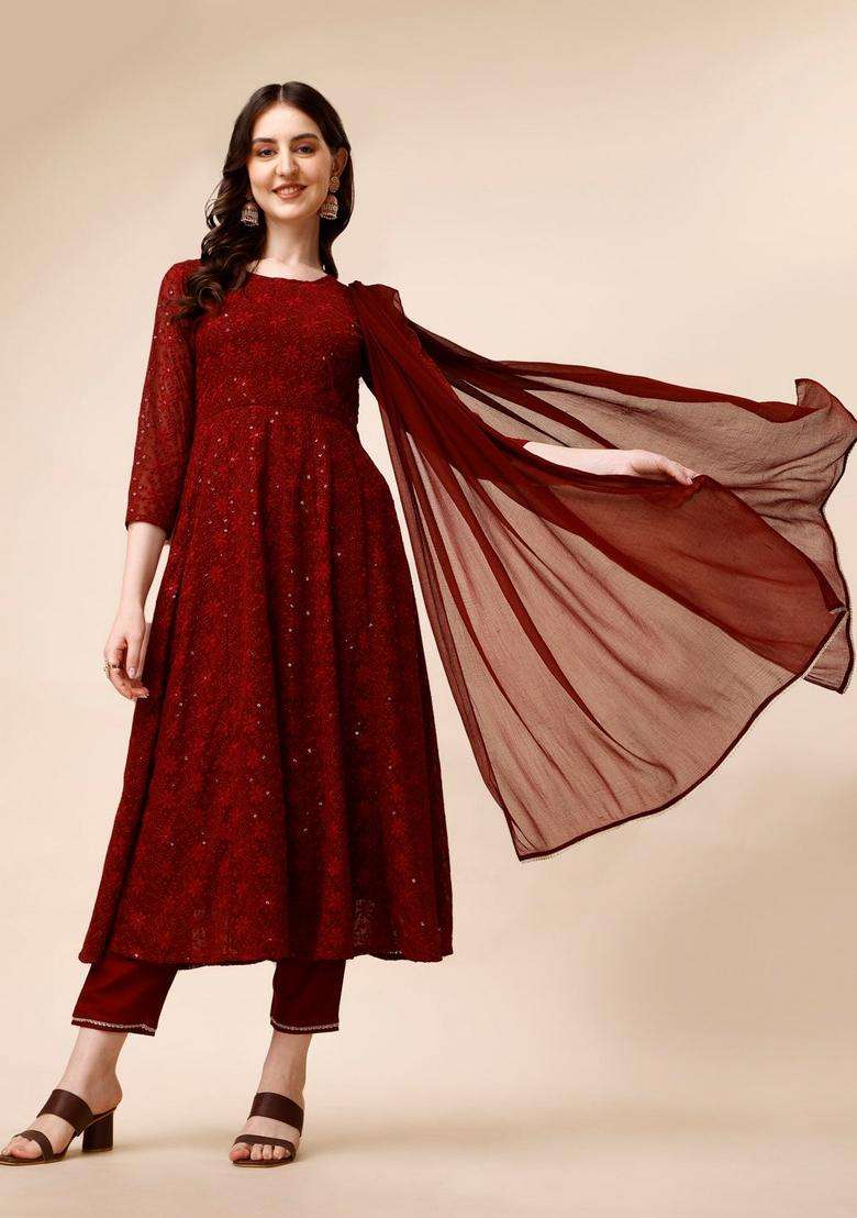 Maroon Sequin Work Georgette A Line Kurta Set - Indya