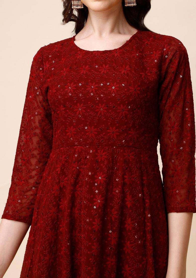 Maroon Sequin Work Georgette A Line Kurta Set - Indya