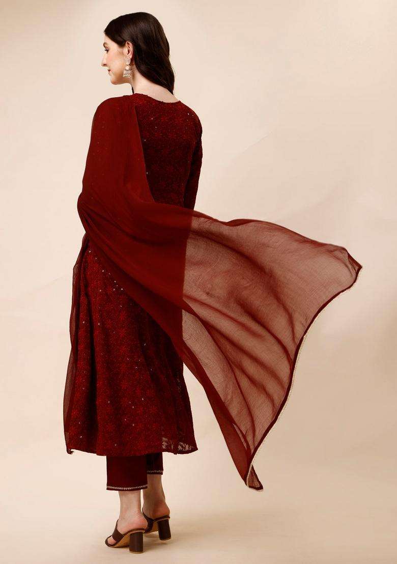 Maroon Sequin Work Georgette A Line Kurta Set - Indya