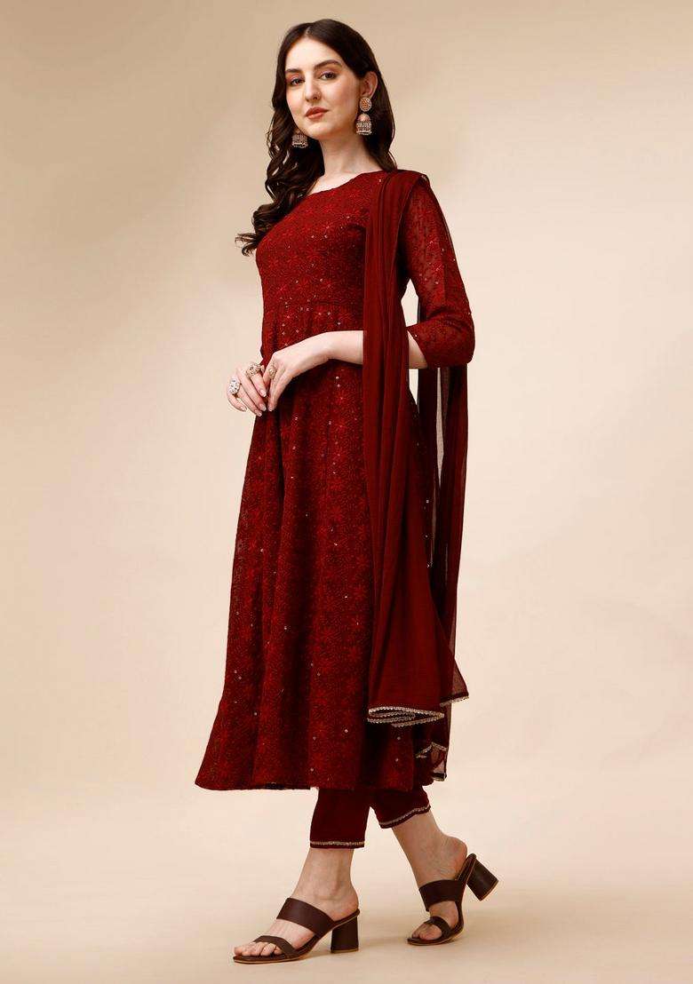 Maroon Sequin Work Georgette A Line Kurta Set - Indya