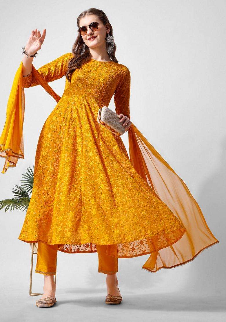 Mustard Printed Georgette Anarkali Set - Indya